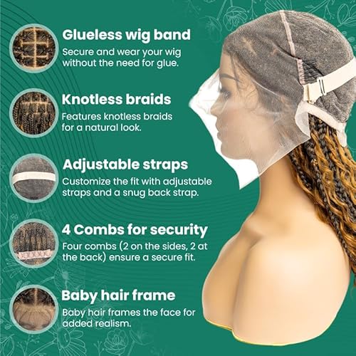 PIB 24" - Single Full Lace Braid Wig ? Boho Box Braided Wig Square Parted, Knotless Braided Wigs for Black Women, Synthetic Lace Wigs with Natural Baby Hair (1B27, Off Black and Light Brown)