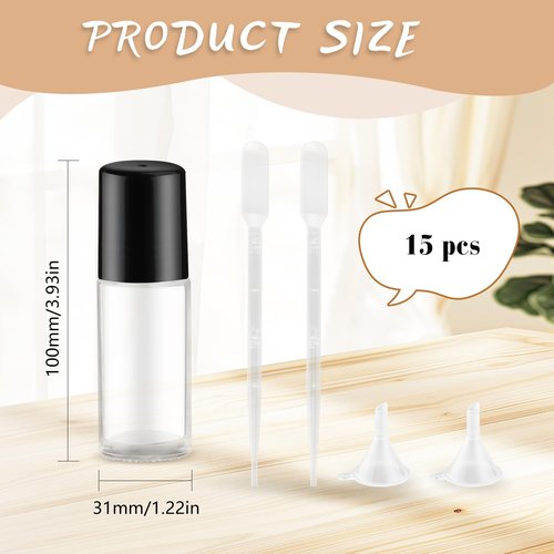 DynnnDy 15Pcs 30ml/1oz Empty Galss Roller Bottles with Black Lid Clear Roll On Deodorant Bottles Refillable Cosmetic Containers for Aromatherapy Essential Oil Lotion Perfume,2 Funnels & 2 Pipettes
