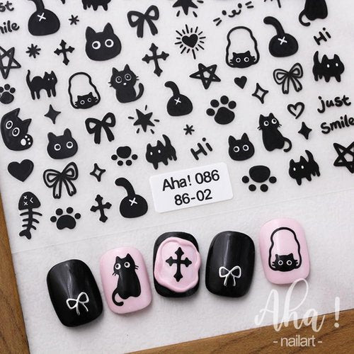 2 Pcs Cute Nail Art Stickers Cute Dog Self-Adhesive DIY Nail Decals Black White Cat Nail Stickers for Nail Art Kawaii Cat Nail Decals Cartoon Bow Heart Design for Women Nail Decorations