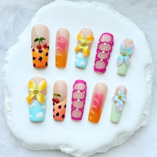 Handmade Press on Nails Long Square Thick Acrylic Nails Tropical Flower Fake Nails with Glue,False Nails with 3D Cherry Designs French Tip Reusable Nature Stick on Nail for Wome (Size M)