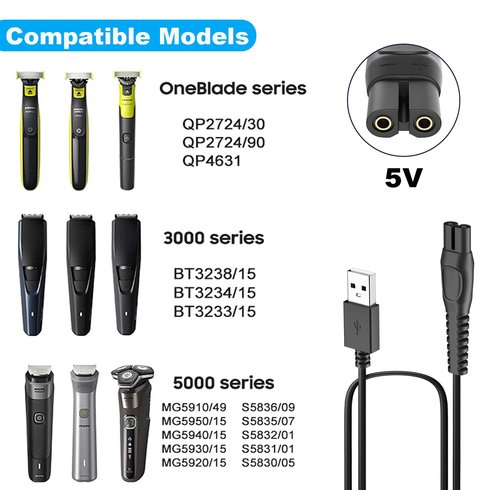 Charger Cord for Philips Norelco Series Shaver 2400-X3001 QP2724 QP2834 QP1924 MG5910 MG7910 MG9510 MG9520 S3243 S5880 S7885 X5006, One Blade Power Cord (Fit New Version One Blade)