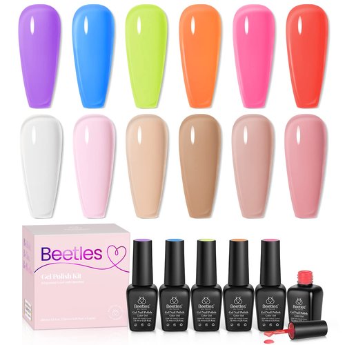beetles Gel Polish Nail Set 6 Colors Milky White Sheer Pink Nude Jelly Transparent and 6 Colors Jelly Neon Purple Yellow Gel Polish Gel