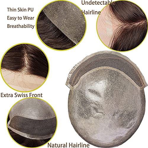 Mens Toupee European Human hair Replacement for Men Hairpiece Swiss Lace Front 0.08mm Thin Skin PU All V-looped Man Wigs 10x8inch #7 Lightest Brown Color
