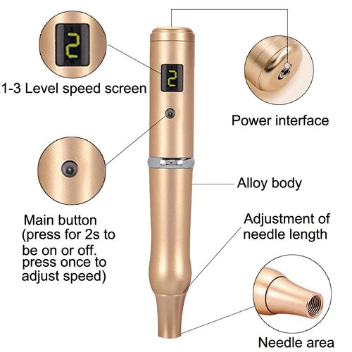 Wireless/Cordless Permanent Make-up Pen Eyebrow Digital Pen Tattoo Rotary Rechargeable Machine 10PCS Needles For Eyebrows,Eyeliners, Lips And Small-Tattoo(Golden) AP657