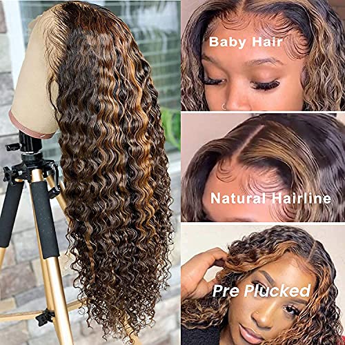 BLY Highlight Human Hair Lace Front Wigs Deep Wave #4/27 Ombre Colored Glueless Wigs Pre Plucked 24 Inch 4x4 Transparent Curly Water Wave Lace Wig Honey Blonde Real Human Hair 180% Density