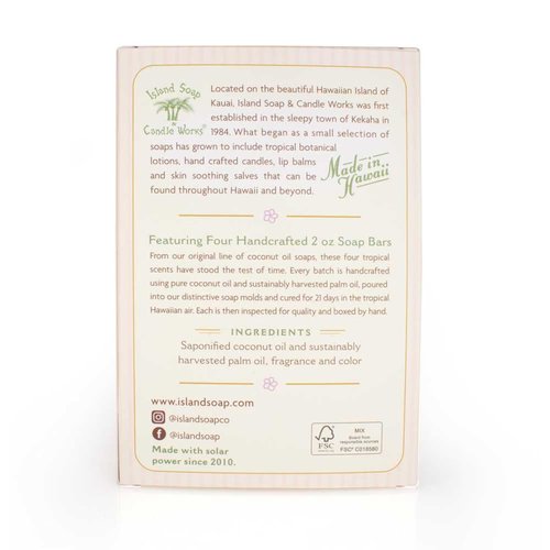 Island Soap & Candle Works Scented Coconut Soap Sample Pack, Four 2oz. Bars, Creamy Coconut, Plumeria, Pikake, Mango Coconut Guava