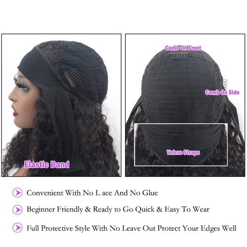 mmiQus Headband Wig Human Hair Water Wave None Lace Front Glueless Curly Wig With Pre-Attached Scarf For Black Women Put And Go Wig Natural Beginner-Friendly 14 Inch