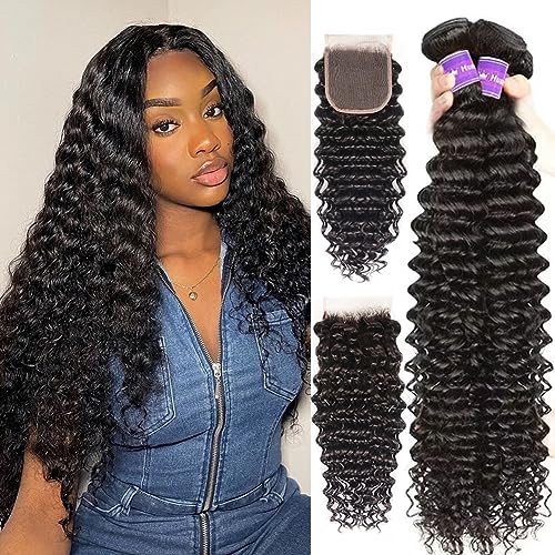 Bundles and Closure Deep Wave Bundles with Closure (20 22 24+18£¬Free Part) Wet and Wavy Hair 3 Bundles with Lace Closure 100% Brazilian Virigin Human Hair Weave Bundles with Closure Natural Color