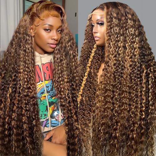Highlight Ombre Lace Front Wig Human Hair Pre Plucked 13x6 HD Honey Blonde 4/27 Deep Wave Lace Frontal Wigs 200% Density Glueless Colored Wigs for Women Wet and Wavy Lace Front 28 Inch