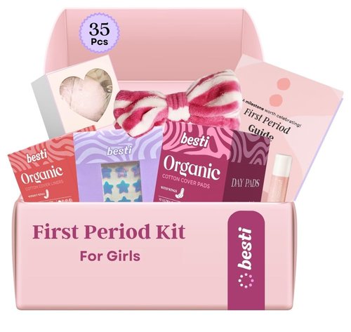 Besti First Period Kit for Girls (Ages 9-12) | Organic Pads & Liners, Pimple Patches, Bath Bomb, Lip Balm, Spa Headband & First Period Guide | Self-Care Gift Box for Teens – Menstrual Starter Kit