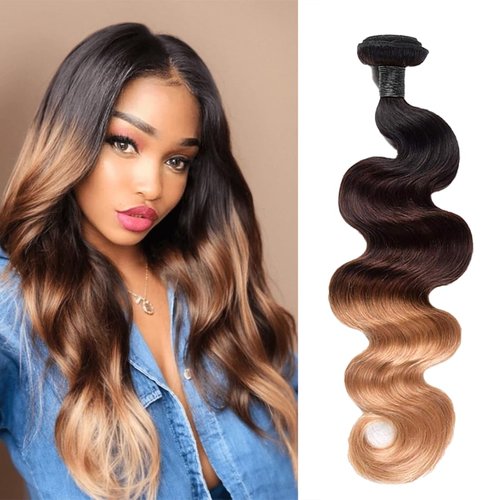 Ombre Human Hair Bundles 3 Tone Color T1b/4/27 Body Wave Bundles 16 Inch 12A Raw Hair One Bundle Ombre Black to Brown to Honey Blonde Wavy Human Hair Colored Quick Weave for Weave Extensions