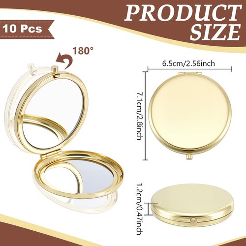 arricraft 10 Pcs Small Folding Makeup Pocket Mirror, Golden Double-Sided 1X/2X Magnifying Round Metal Mirrors for Women Travel Work Date