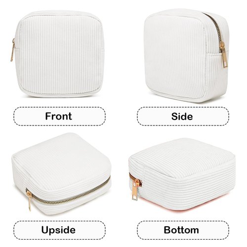 FFpaw Mini Makeup Bag, Mini Makeup Pouch Purse Cute Cosmetic Pouch for Women Corduroy Small Cosmetic Bag for Purse Small Travel Travel Toiletry Bag for Women Car Bag (Mini White)