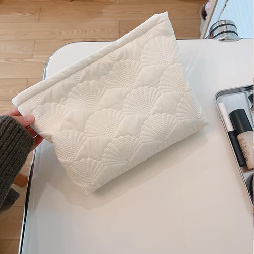 FITINI Makeup Bag Travel Large Portable Quilted Floral Print Cosmetic Organizer Cute Pouch for Women Soft Cotton Zipper Waterproof Toiletry Storage Bags,White Shell