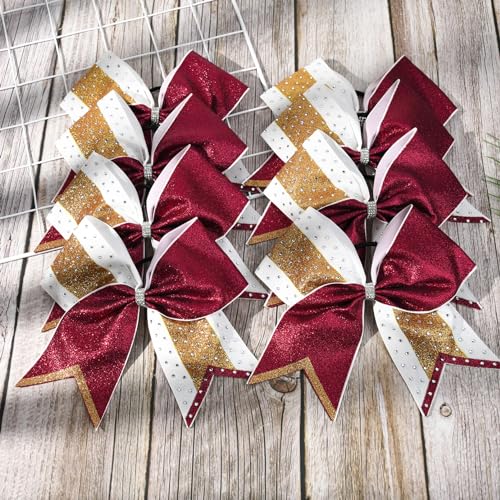 8 PCS Large Glitter Cheer Bows 8" Rhinestones Hair Bows Sparkly Cheerleading Softball Team Bow Hair Ponytail Holder Accessories for cheerleaders football Competition Sports- Maroon Gold