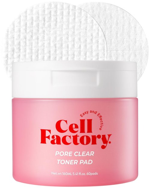 CELL FACTORY Pore Clear Toner Pad - Vegan, Skin Safety Tested, Peptides 60,000ppm, Retexturizing, Sebum Control, Pore Tightening, Mild Exfoliating & Calming - Italian V-Label Certified, 60 Pads
