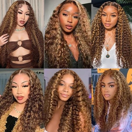 Brown Human Hair Bundles P427 Highlight Honey Blonde Deep Wave 3 Bundles Human Hair 14 16 18 Inch Double Weft Grade 12A Unprocessed Virgin Remy Hair 2 Tone #4 Mixed With Color 27 50g Per Bundle