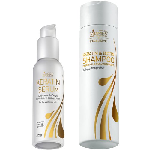 VITAMINS hair cosmetics Keratin Serum & Shampoo Kit, Weightless Heat Protectant Anti Frizz Serum & Protein Clarifying Shampoo Set for Color Treated Frizzy Dry Damaged Hair & Scalp, Shine & Gloss Boost