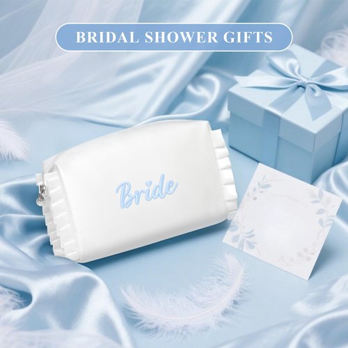 Etercycle Bride Cosmetic Bag, White Satin Bride To Be Makeup Bags Exquisite Embroidery Something Blue Bridal Shower Gifts, Ruffle Toiletry Bag For Engagement Wedding Bridesmaid Bachelorette Party