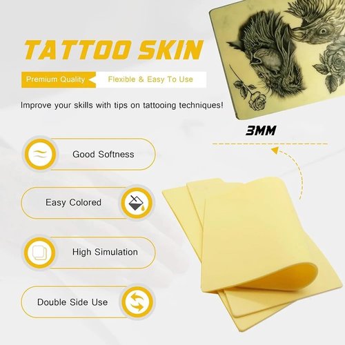 Yuelong 3mm Tattoo Skin Practice 10Pcs Fake Skins Thick 3mm Soft Pure Silicone Double Sides 7.4x5.6" Tattooing Eyebrow Practice for Beginner & Experienced Artist