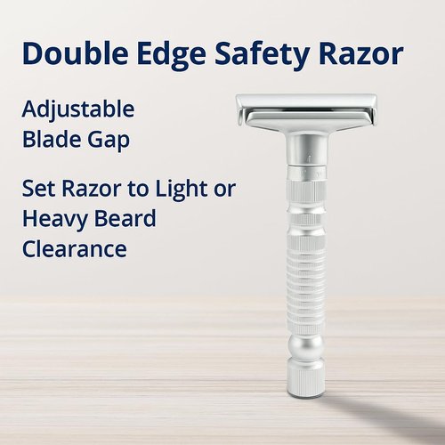 6-speed adjustable dual-blade safety razor with 10 platinum-coated stainless steel blades. Includes optional stand. Comes with complimentary travel pouch. (Silver)