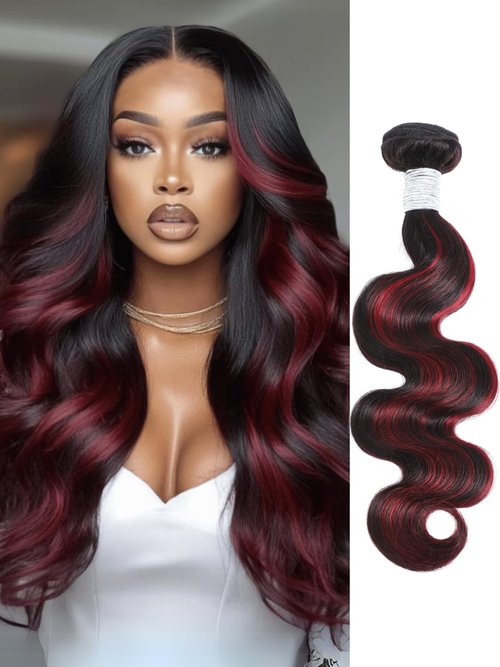 AUROO Burgundy Highlight Body Wave Single Bundles Human Hair, 12A 100% Virgin Ombre Red 99J Burgundy and Black Colored Human Hair Bundles Thick Track F1B/Burgundy Brazilian Quick Weaves Remy 14 inch