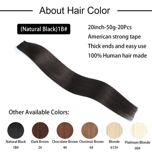 Tape in Hair Extensions Human Hair, 16'' Black Hair Extensions Tape ins Remy Human Hair Extensions 20 Pcs 50 g/pack (#1B) Black