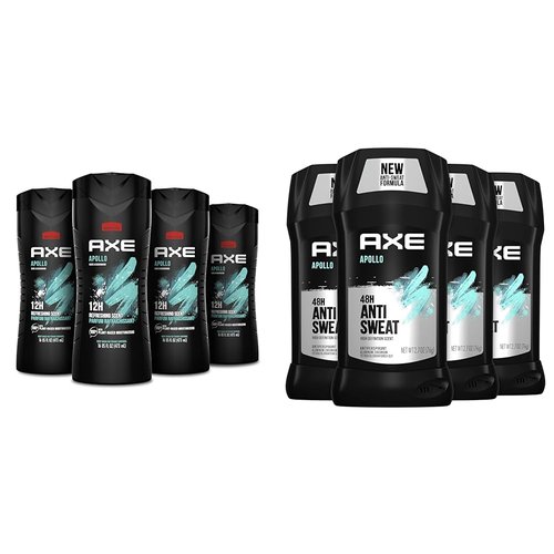 AXE Body Wash Apollo 4 Count for Long Lasting Freshness Sage & Cedarwood Men's Body Wash & Apollo Antiperspirant Deodorant Stick For Men Sage & Cedarwood 48 Hr