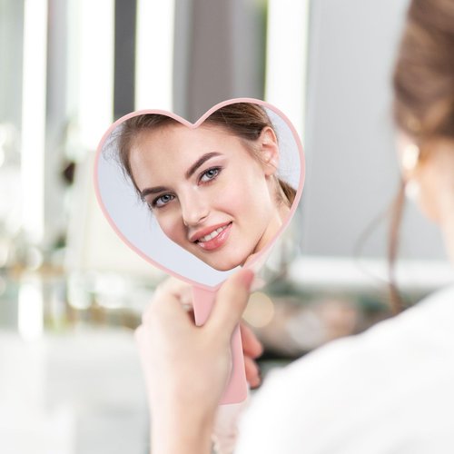 Dimeho Heart-Shaped Travel Handheld Mirror, Heart-Shaped Makeup Hand Mirror with Handle, Portable Cosmetic Mirror for Women (Pink)