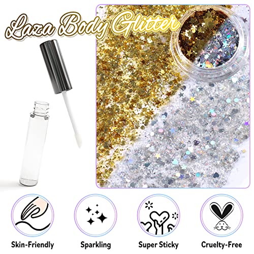 Laza Body Glitter, 2 Jars Holographic Chunky Sequins with Glitter Glue Perfect for Women Eyeshadow Makeup Face Paint Festival Rave outfits Hair Accessories Carnival Party Costumes - Bright Gold Silver