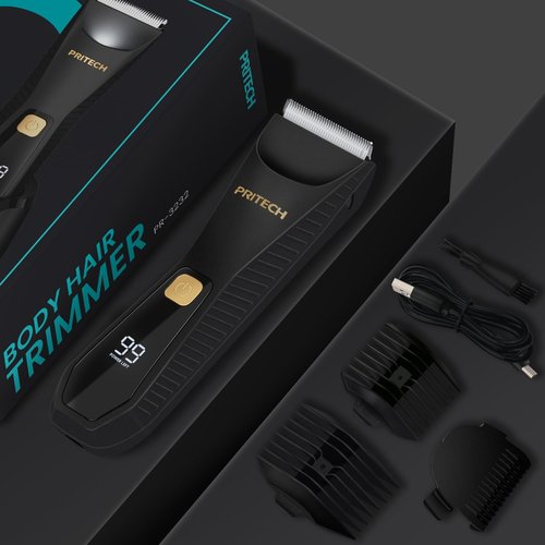 PRITECH Body Hair Trimmer for Men - Waterproof Pubic Hair Ball Trimmer, Ceramic Blade Body Shavers for Men with USB-C Charging, Wet & Dry Use & Nick-Free Design, Sensitive Skin Safe (Black)