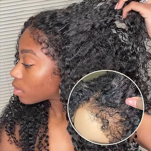 4C Edges Kinky Curly Lace Front Wigs Human Hair 13x4 HD Transparent Lace Frontal Wigs with Curly Edges Baby Hair, Deep Wave Curl Wig Pre-Plucked Hairline 180% Density 20 inch