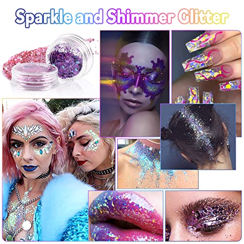 Laza Body Glitter, 2 Jars Holographic Chunky Sequins with Glitter Glue Perfect for Women Eyeshadow Makeup Face Paint Festival Rave outfits Hair Accessories Carnival Party Costumes - Bright Gold Silver