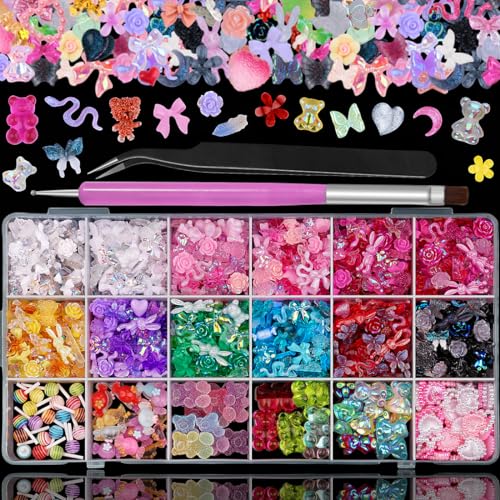 3D Resin Nail Charms Mix Rabbit Flower Bear Bowknot Nail Accessories Gummy Star Heart Lollipop Acrylic Hollow Heart Beads for Women's Manicure Making DIY Crafts(18 Charms)
