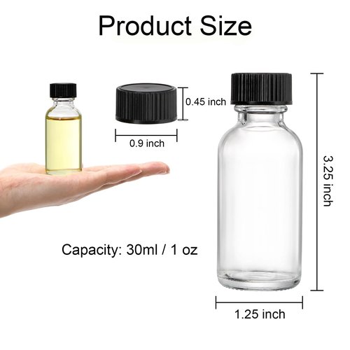 Bekith 30 Pack Boston Round Glass Bottle with Black Cap, 1 oz Capacity, Clear