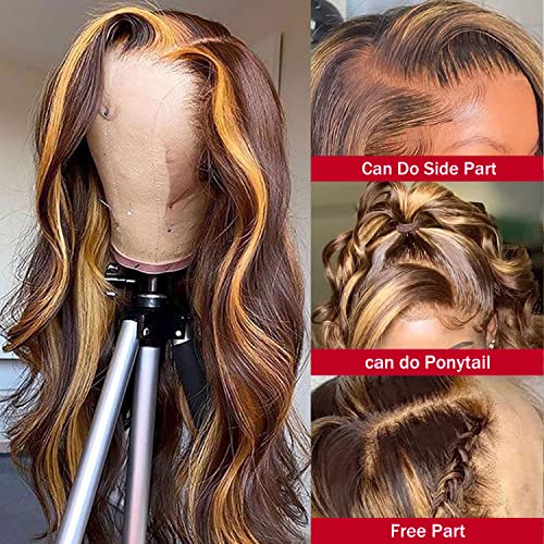 Highlight Ombre 13x4 HD Lace Front Wig Human Hair Pre Plucked Transparent 4/27 Honey Blonde lace frontal Wigs with Baby Hair 150% Density Colored Body Wave Lace Front wig Human Hair 30 Inch
