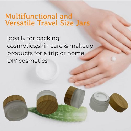 BEECO GIF2U Empty Refillable Frosted Glass Cosmetic Jar 4 Pack Mini 5g/0.17oz with Bamboo Lids,Skin Care Travel Containers Pot Vial Holder Sample Storage for Eye Cream Lotion Ointments Lip Balm