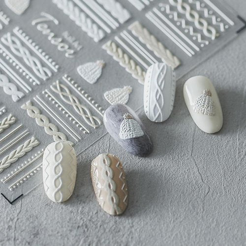 1 Sheet Winter Knit Sweater Cloth Pattern Nail Stickers,5D Acrylic Engraved Nail Sticker Art Decoration,Self-Adhesive DIY Nails Sticker French Stripe Line Nail Decals for Acrylic Nails Manicure