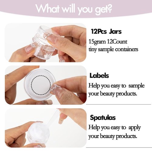 15 Grams Small Plastic Jars with Lids, 12 Pack Travel Cosmetic Containers, Empty Sample Jars with Lids, Body Butter Jars with Lidss and Makeup Spoons
