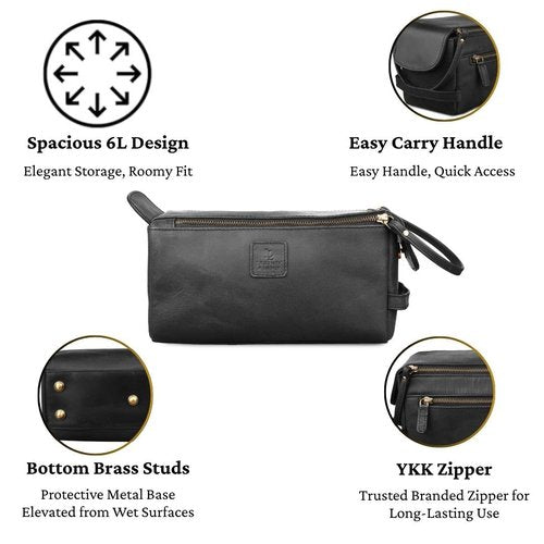 Genuine Leather Travel Toiletry Bag for Men & Women – Unisex Water-Resistant Travel Dopp Kit, Shaving Organizer & Compact Bathroom Essentials - Midnight Black