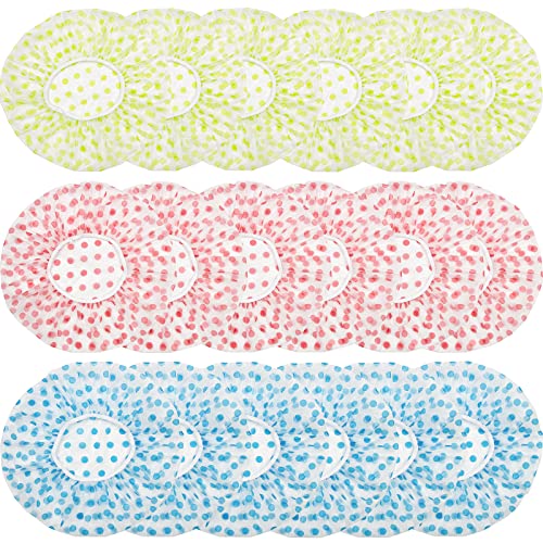 18Pcs Plastic Shower Caps for Women Reusable Waterproof Bath Caps Bathing Hair Cap Shower Caps for Shower,Spa,Salon,Housework,Girls,Home,Travel (Pink+Blue+Green)