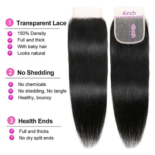 Mstoxic 4X4 Straight HD Lace Closure Human Hair Extensions 12A Brazilian Virgin Remy 100% Unprocessed Human Hair Frontal Free Part Closure Only Pre Plucked With Baby Hair Natural Black 18 Inch