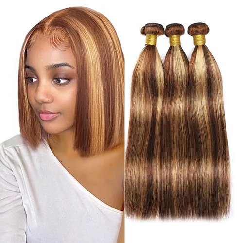 Ombre Human Hair Bundles 4/27 Straight Bundles Honey Blonde Bundle 14 16 18 Inch Highlight Bundle Brazilian Virgin Remy Hair Extensions Soft And Healthy Salon Quality