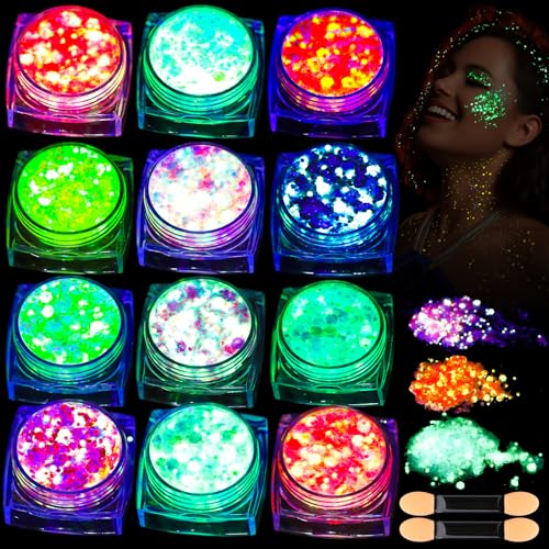 Teenitor 12 Colors Glow in The Dark Glitter Gel, Face Glitter Body Glitter Gel Hair Glitter for UV Black Light Halloween Makeup Raves Festivals
