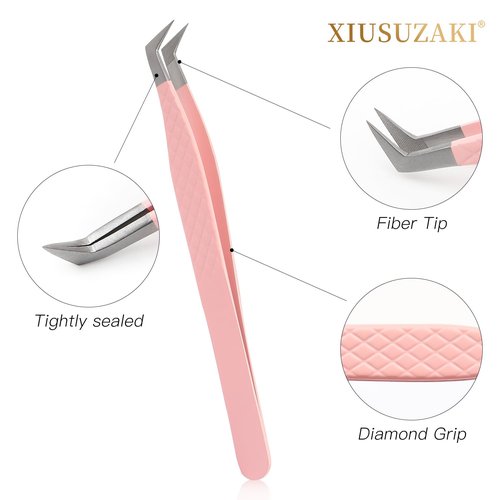 Lash Tweezers For Eyelash Extensions Fiber Tip Lash Tweezers Pink Straight/Curved Tweezer(Pink,X07)