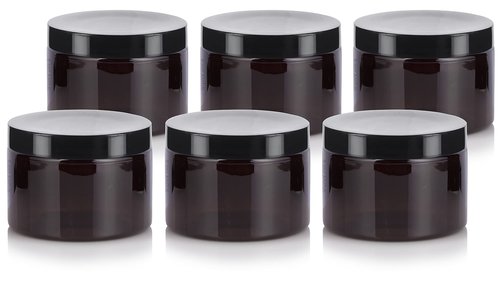JUVITUS (6 pack) 12 oz Amber PET Plastic Jar with Black Smooth Lids Empty Storage Containers