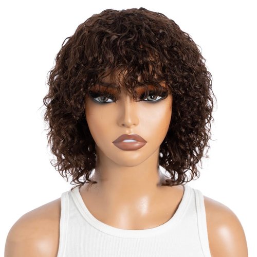 JOEDIR HAIR Short Curly Wig with Bangs Human Hair for Women Reddish Brown 12 inch Short Water Wave Bob Wig 150% Density Glueless Wig (Color: 4)