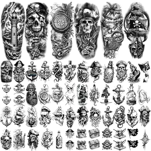 77 Sheets Pirate Temporary Tattoos Adult Men Kids Captain Pirate Ships Flag Sailor Anchor Sailboat Skull Fake Tattoos, Pirates Stickers for Costume Dress Up Makeup Party Accessories