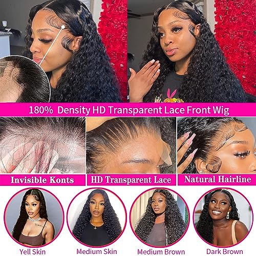 Hswpawk 13x6 Deep Wave Lace Front Human Hair Wigs - Glueless, Wet & Wavy, Pre-Plucked Curly Lace Frontal Wig