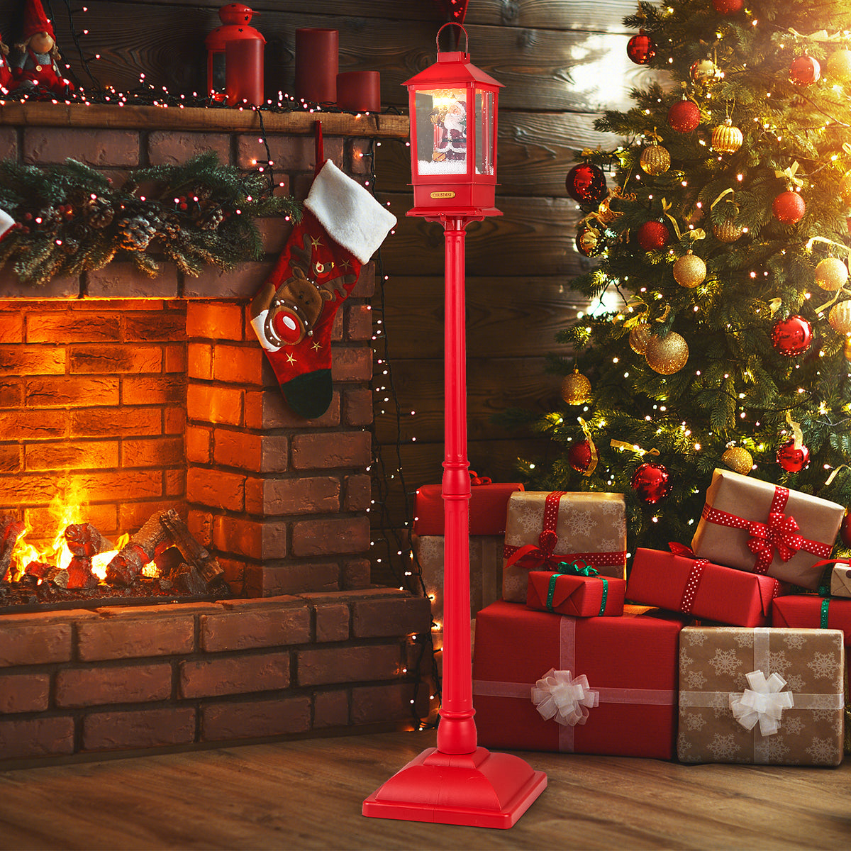 Christmas Musical Street Lamp Post with Detachable Snow Globe Lantern - 61 Inch Red